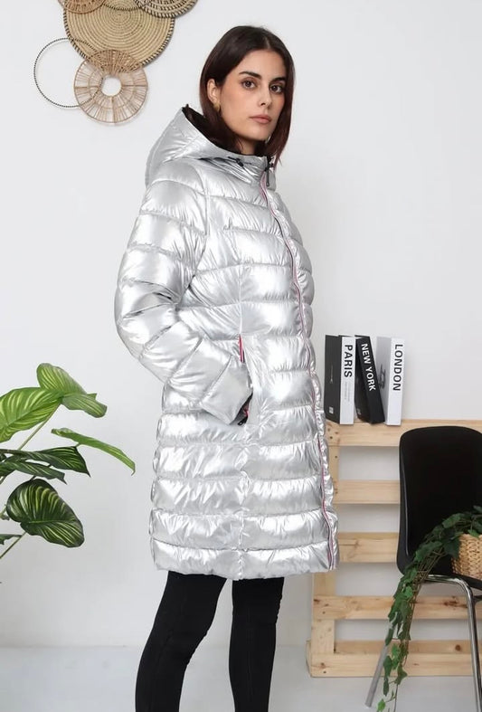 Nouveautés - Doudoune longue FEMME imperméable, matelassé argentée et réversible noir