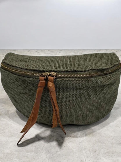 Nouveautés - Sac banane en jute vert kaki 1 poche doubles curseurs