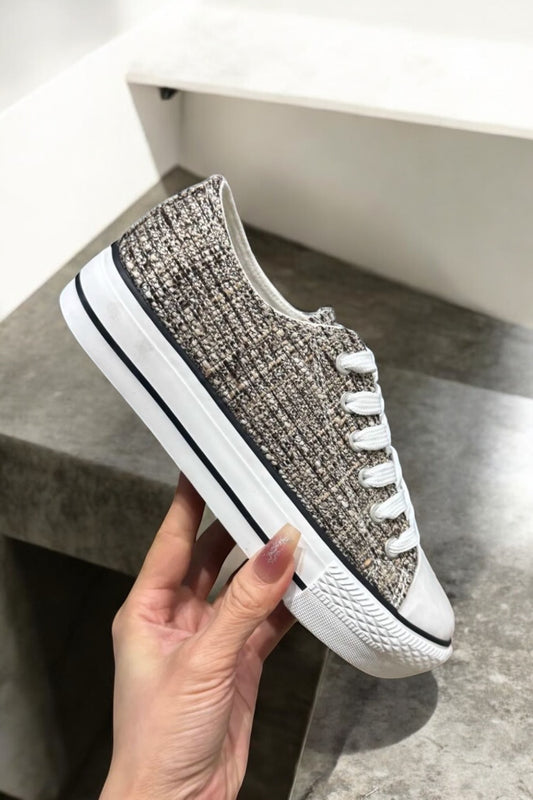 Chaussures baskets basses tissu chiné gris et blanc style converse