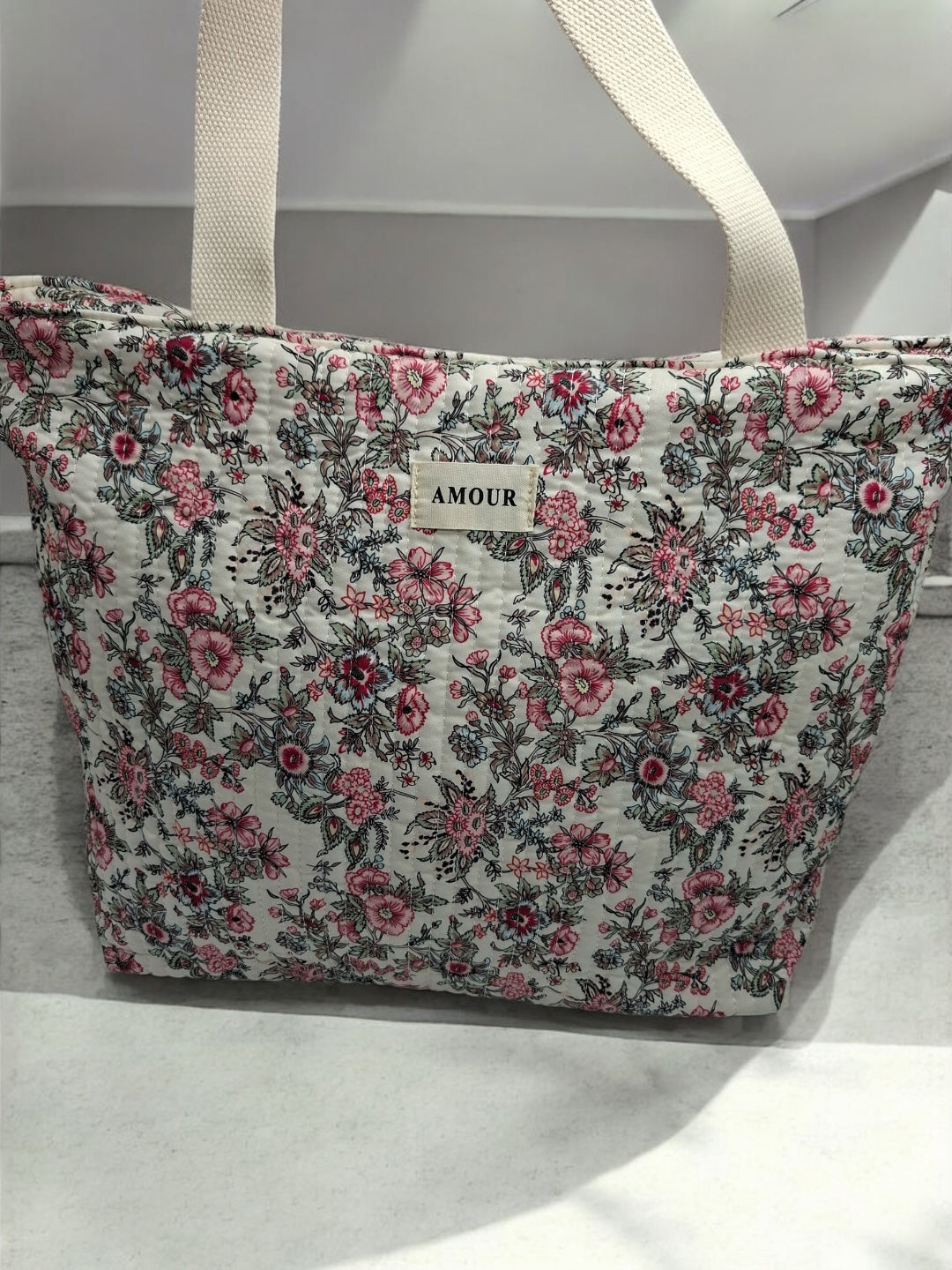 Sac cabas porté épaule en coton liberty fleuri noir rose crème