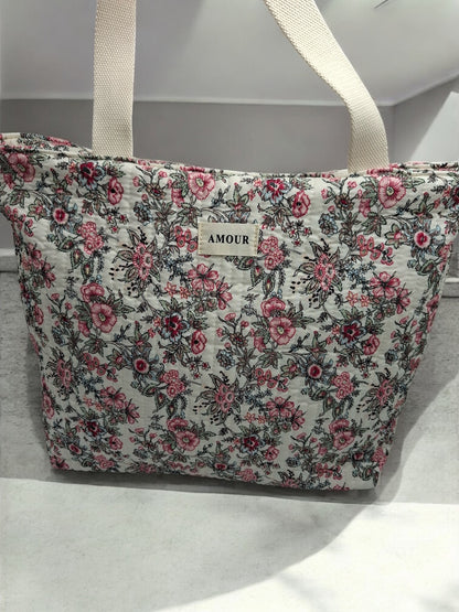 Sac cabas porté épaule en coton liberty fleuri noir rose crème