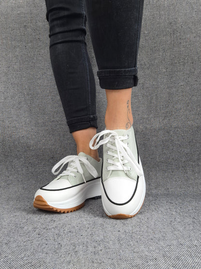 Chaussures baskets basses plate-forme tissu toile vert d'eau
