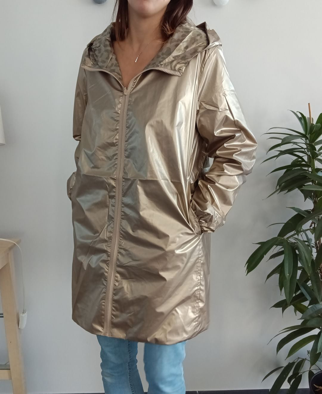 Melya Melody - Manteau long mi cuisses réversible et imperméable léger doré léopard