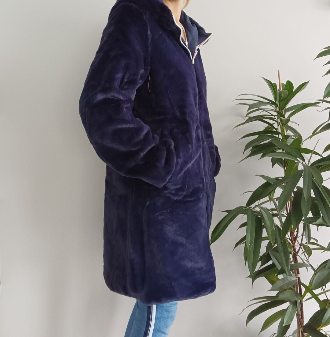 Melya Melody - Manteau long fourré fausse fourrure réversible imperméable bleu marine