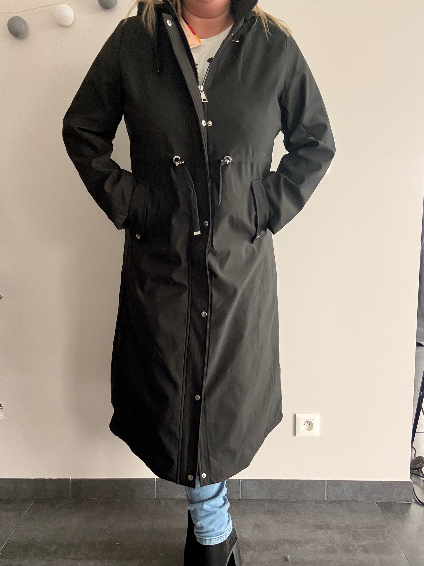 Manteau long imperméable fourré type trench ciré hauteur genoux noir - Curvy