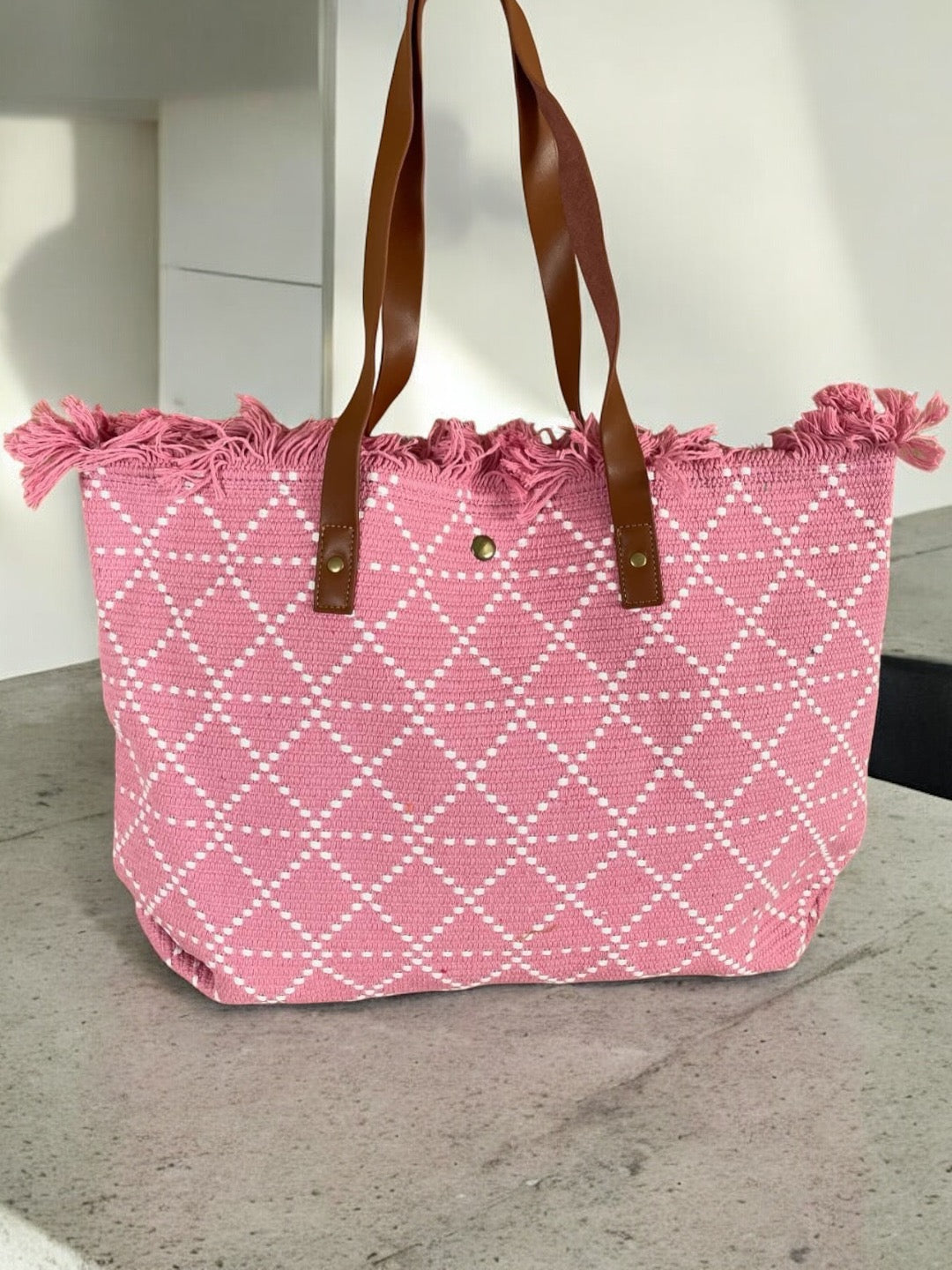 Grand sac fourre-tout rose pâle avec écriture dorée « Bohème »