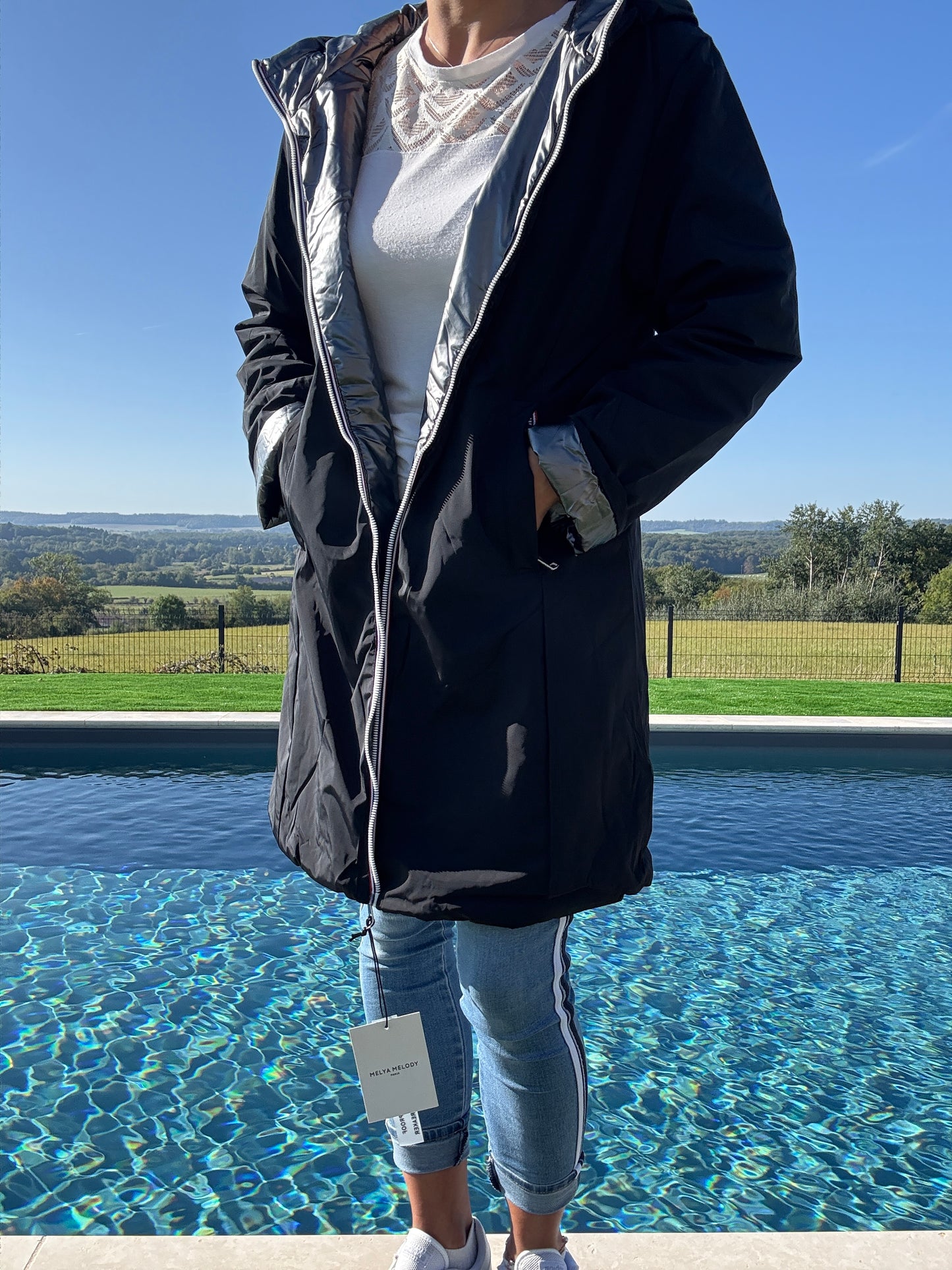 Melya Melody - Imperméable réversible long avec garnissage ouate couleur noir/argenté - Curvy