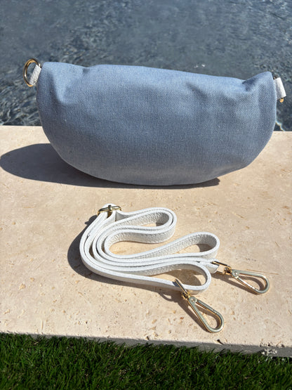 Sac banane tissu jean bandouliere blanche en cuir