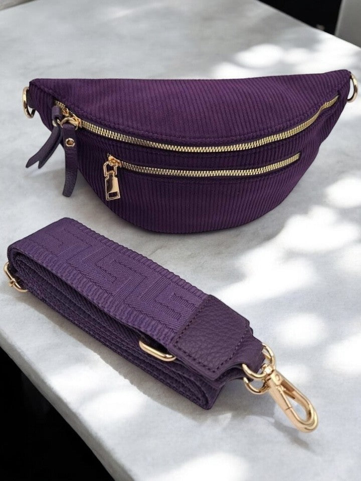 Sac banane velours côtelé 2 poches violet sangle fantaisie