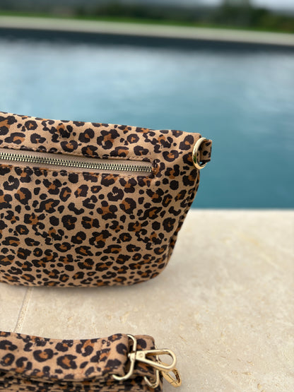 Sac banane tissu doux léopard beige clair 2 poches