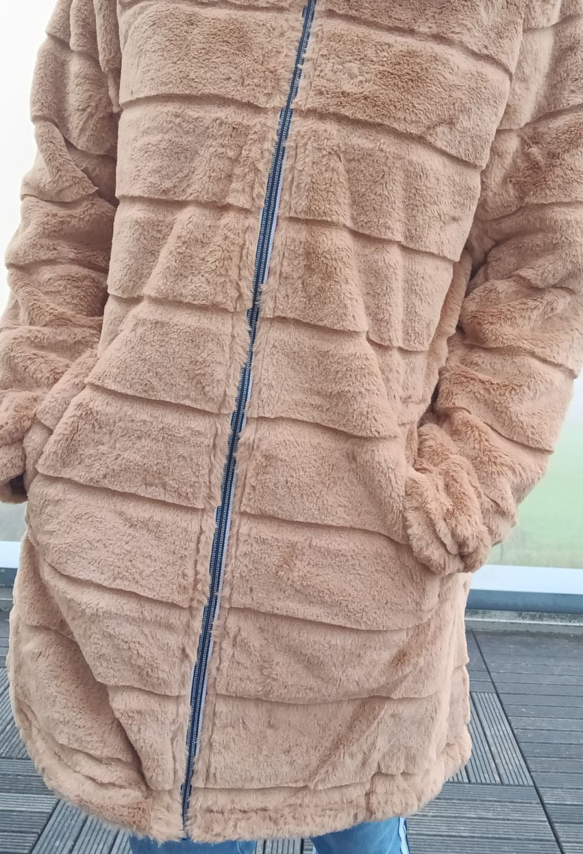 New Lolo - Manteau long CAMEL réversible, imperméable et complètement fourré resserrable à la taille