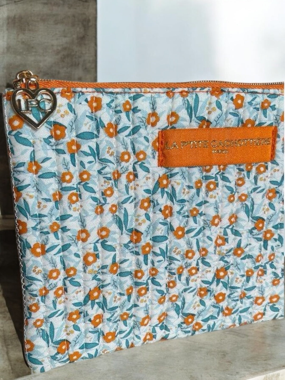 Pochette trousse porte monnaie coton matelassé liberty fleuri orange La Ptite Cachottiere