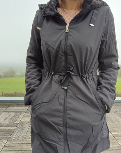 New Lolo - Manteau long NOIR zip uni réversible, imperméable et complètement fourré resserrable à la taille