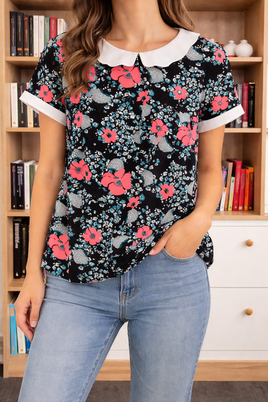 Blouse Florale Élégante à Manches Longues – Col Claudine Bohème Le Petit Placard