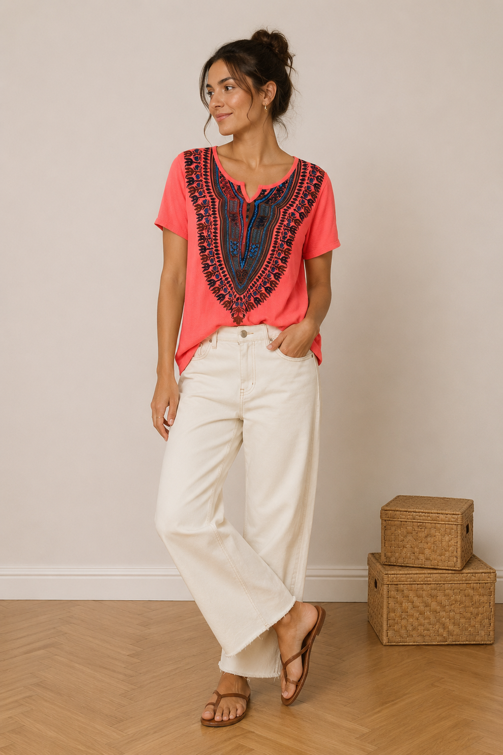 Top Dashiki Corail – Imprimé Ethnique Bleu & Brun Style Boho taille L