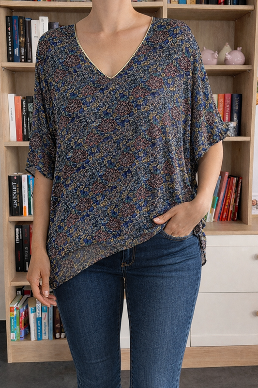 Blouse Fleurie Col V Bleu Marine Doré Le Petit Placard