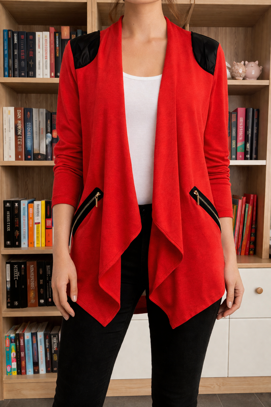 Cardigan Patch Simili Cuir – Rouge & Doré Le Petit Placard