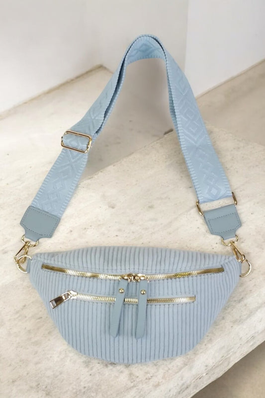 Sac banane velours côtelé 2 poches bleu clair sangle fantaisie