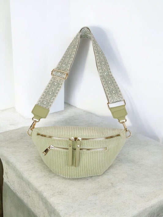 Nouveautés - Sac banane velours côtelé 2 poches vert clair sangle fantaisie