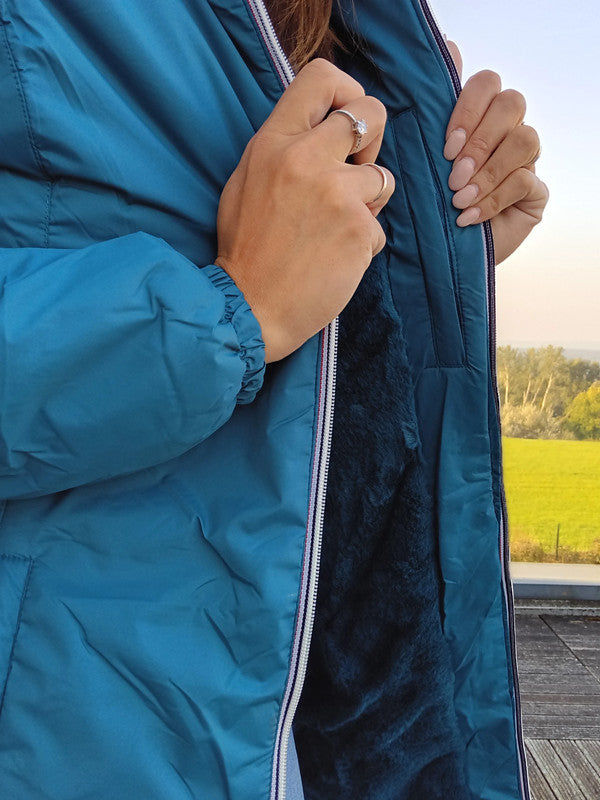 Manteau long fourré imperméable cintré bleu canard