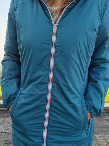 Manteau long fourré imperméable cintré bleu canard