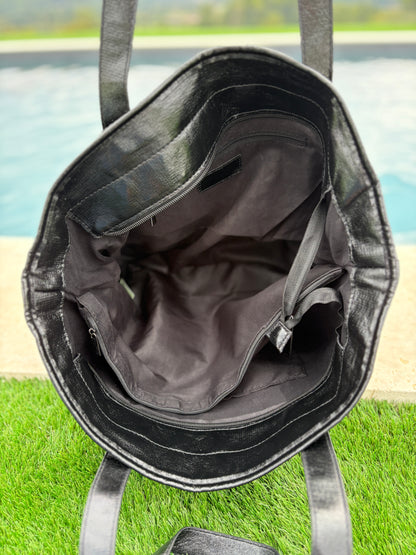 Sac à main style cabas porté main en tissu velours cotelé noir avec anses et bandes noires