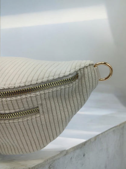 Sac banane velours côtelé 2 poches beige clair sangle fantaisie