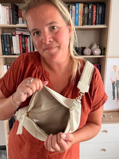 Sac Banane Velours Côtelé Beige – Zips Dorés & Sangle Géométrique | Best-Seller