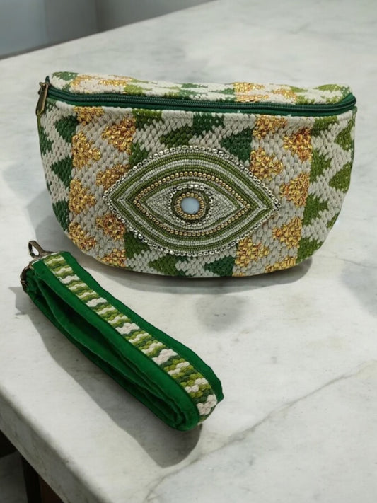 Sac banane tissu et perles vert jaune ecru