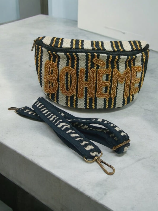 Sac banane tissu et perle inscription 'bohème" noir ecru jaune