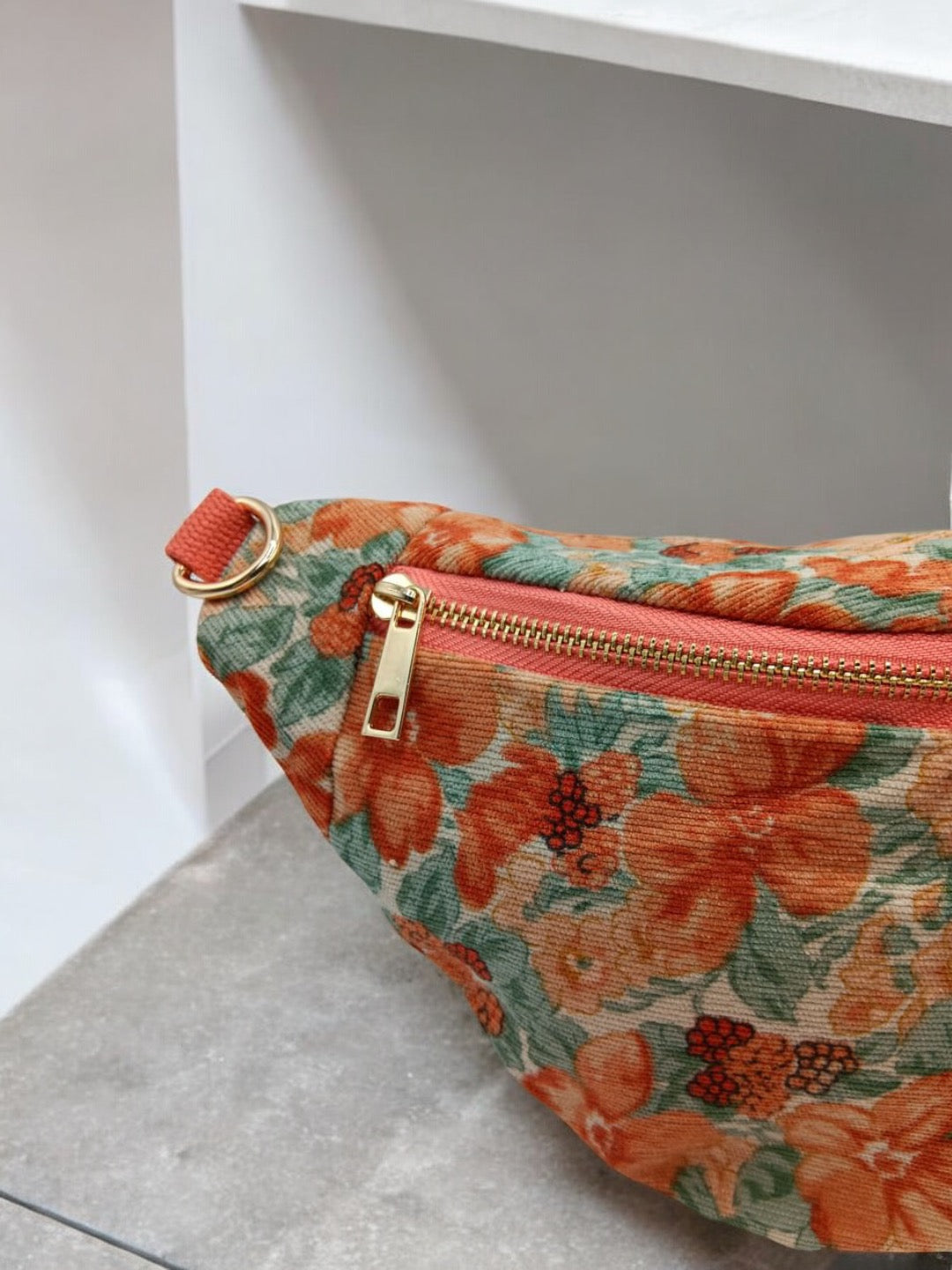 Sac banane tissu velours fin liberty fleuri terracotta vert