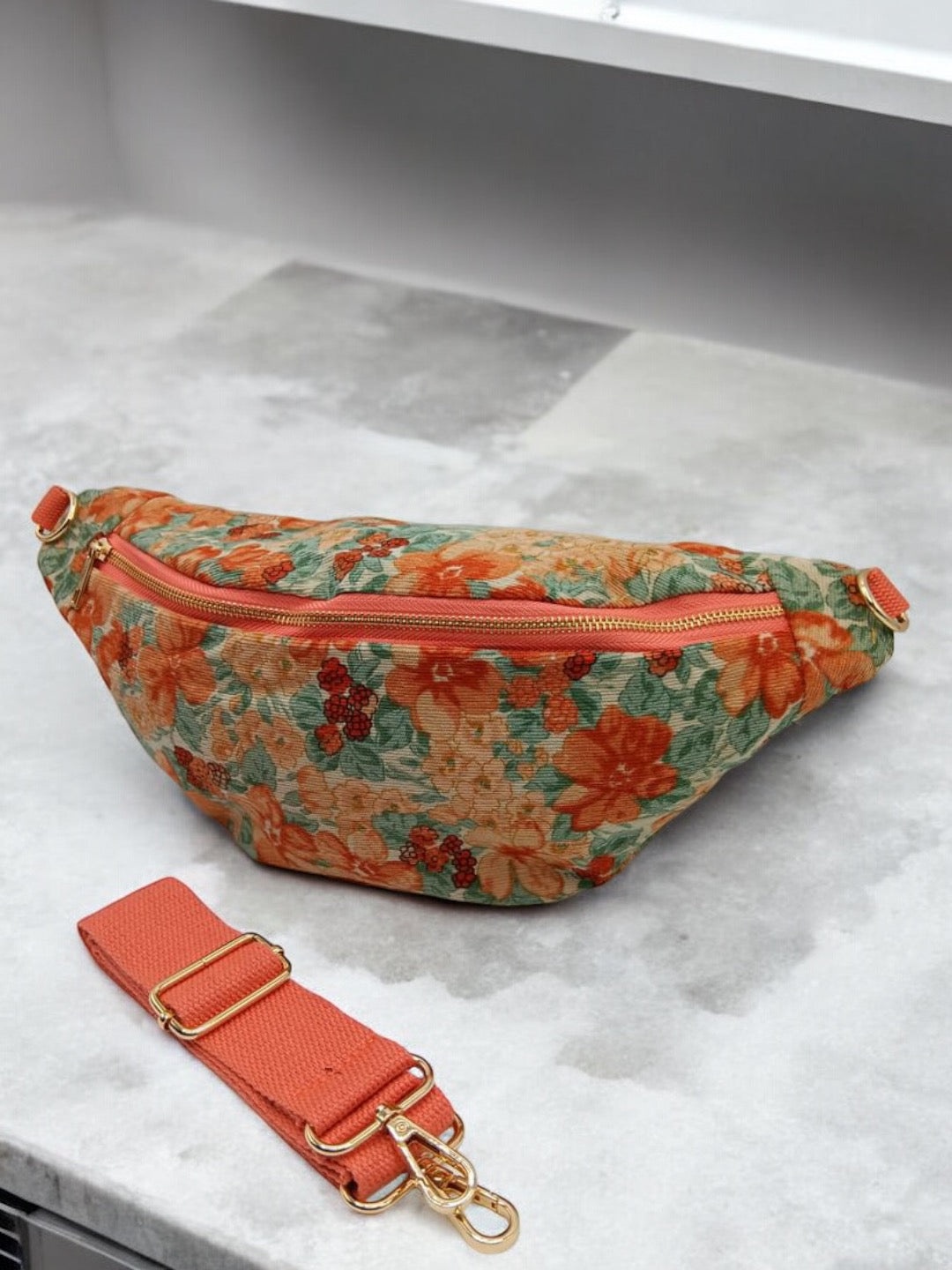 Sac banane tissu velours fin liberty fleuri terracotta vert