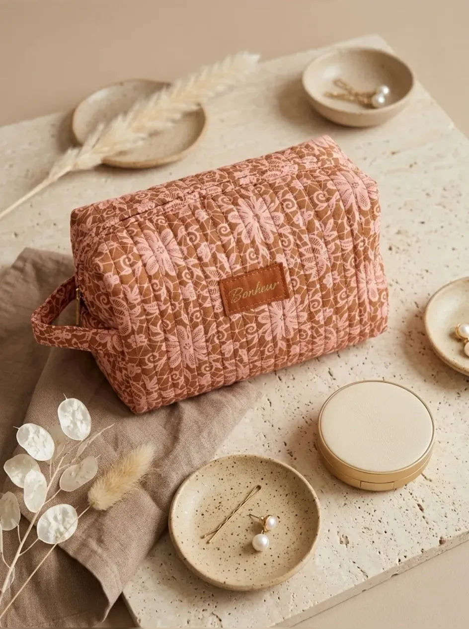 Trousse de Toilette Matelassée Bonheur – Coton Fleuri Terracotta