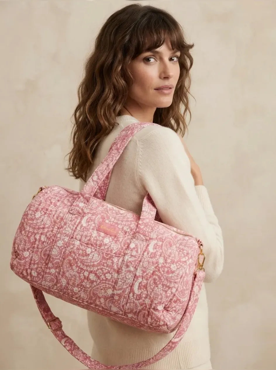 Sac Polochon Matelassé Fleuri Rose