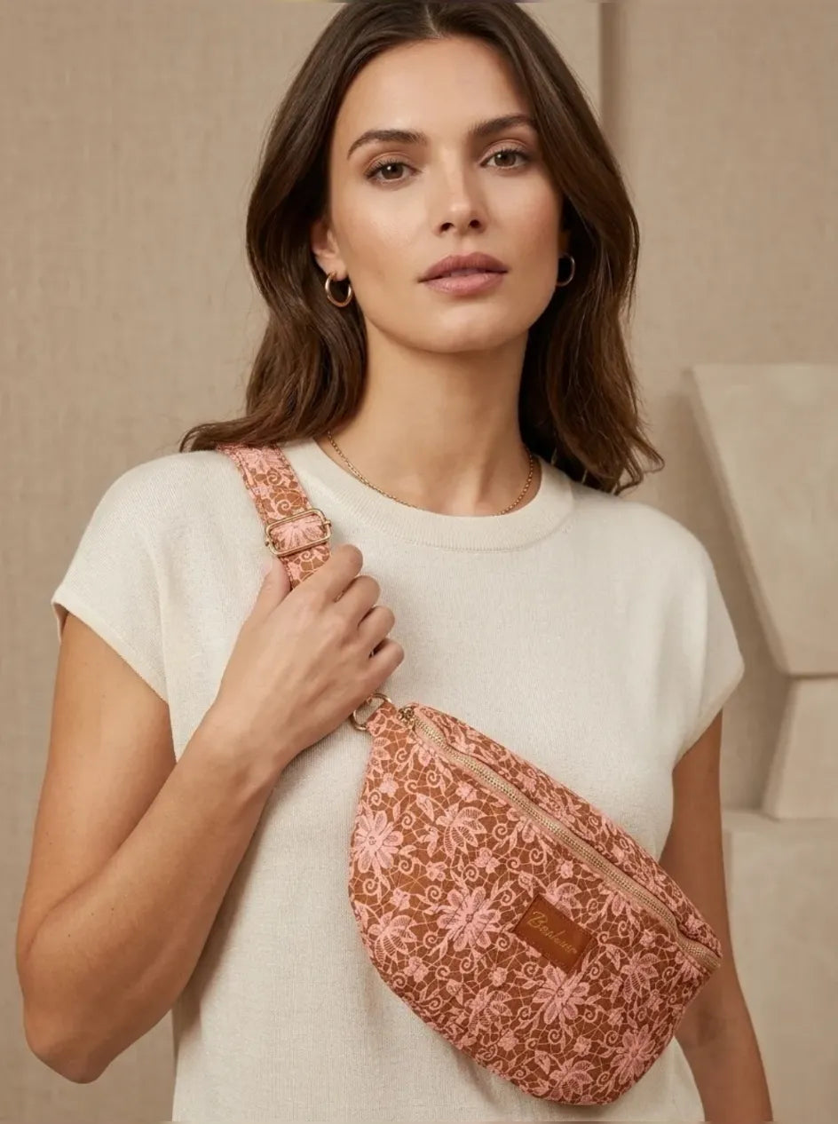 Sac Banane Matelassé Fleuri corail caramel – Bonheur