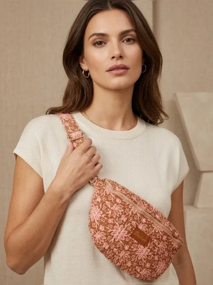Sac Banane Matelassé Fleuri corail caramel – Bonheur