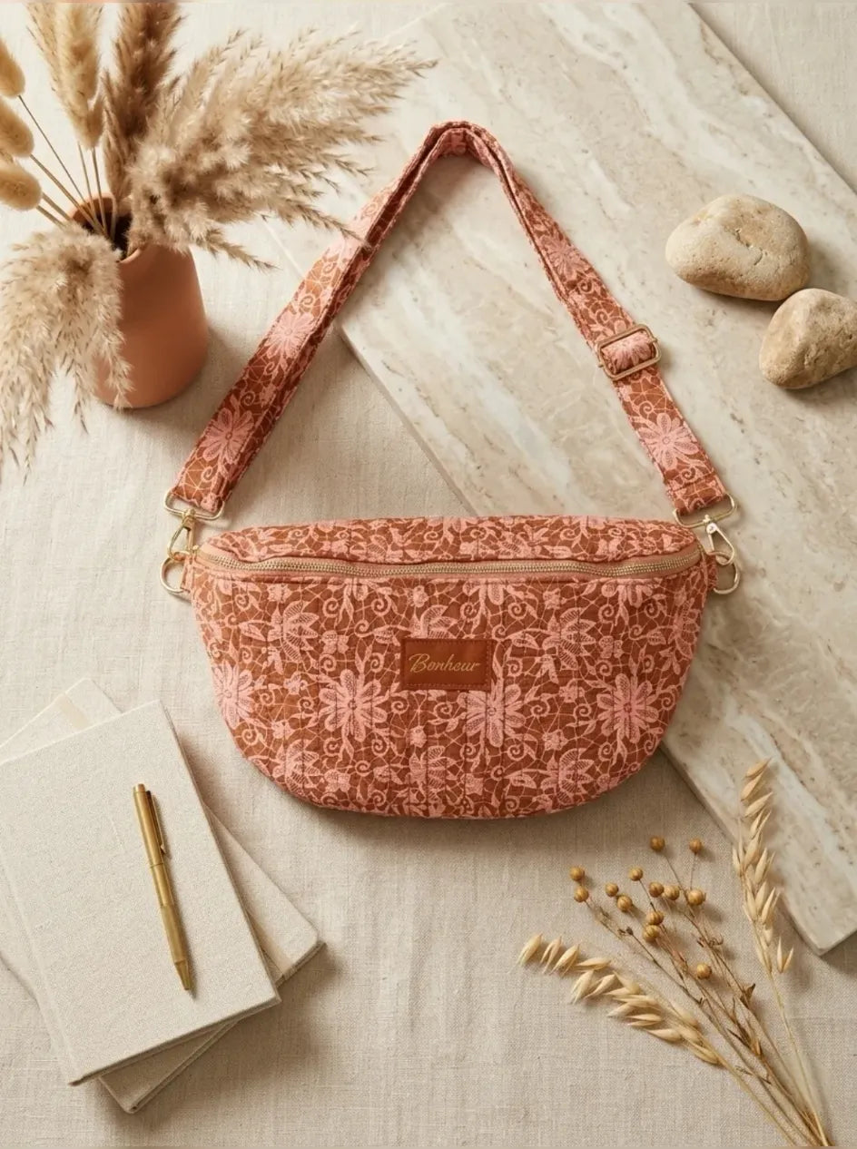Sac Banane Matelassé Fleuri corail caramel – Bonheur