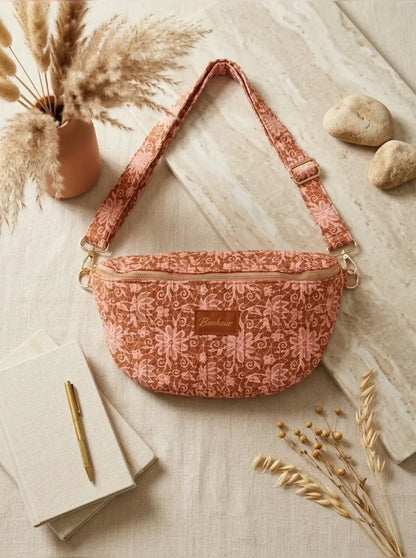 Sac Banane Matelassé Fleuri corail caramel – Bonheur