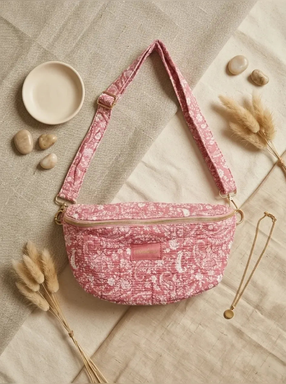 Sac banane coton matelassé imprimé toile de jouy rose