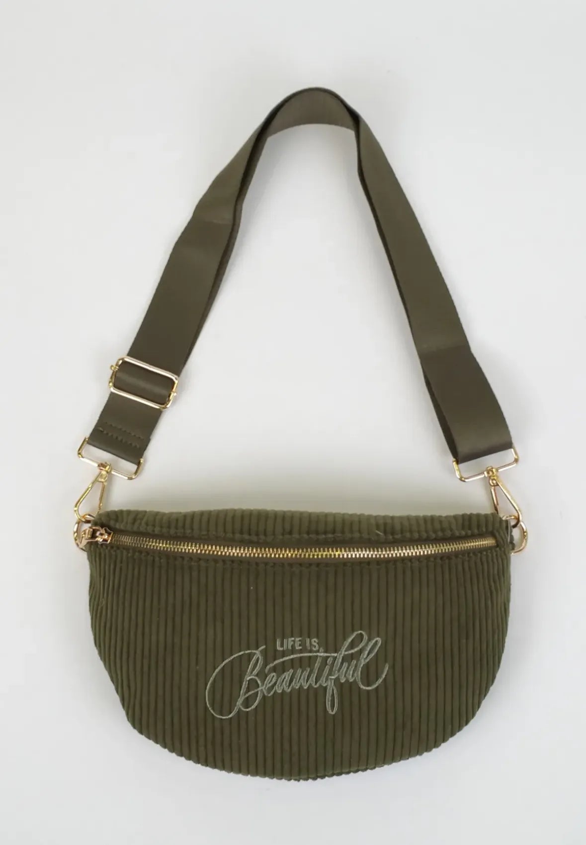 Sac Banane Velours Côtelé Kaki – Inscription Life is Beautiful