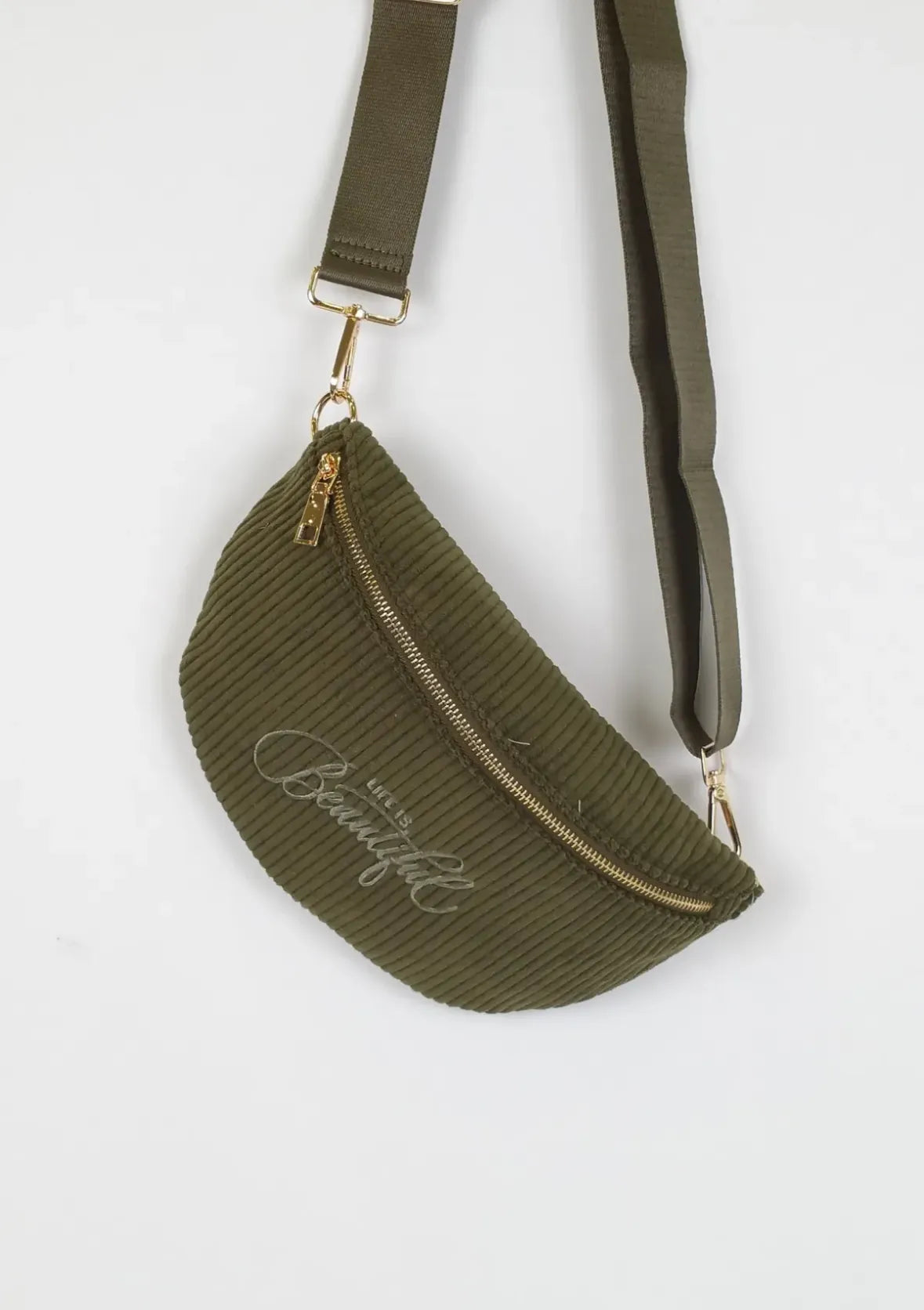Sac Banane Velours Côtelé Kaki – Inscription Life is Beautiful