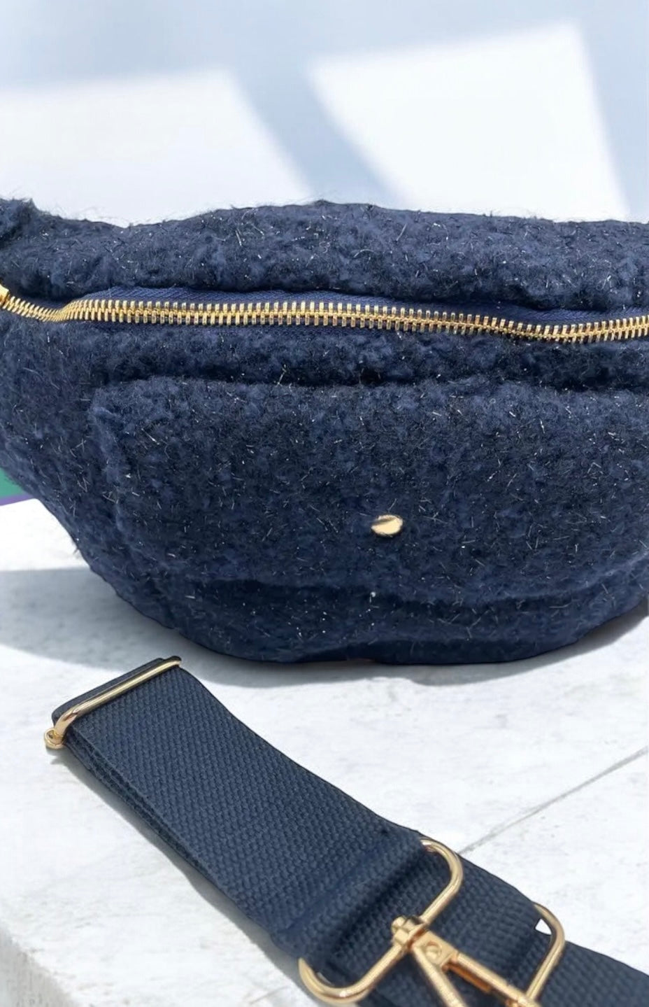 Sac banane peluche moumoute bleu marine brillant 2 poches