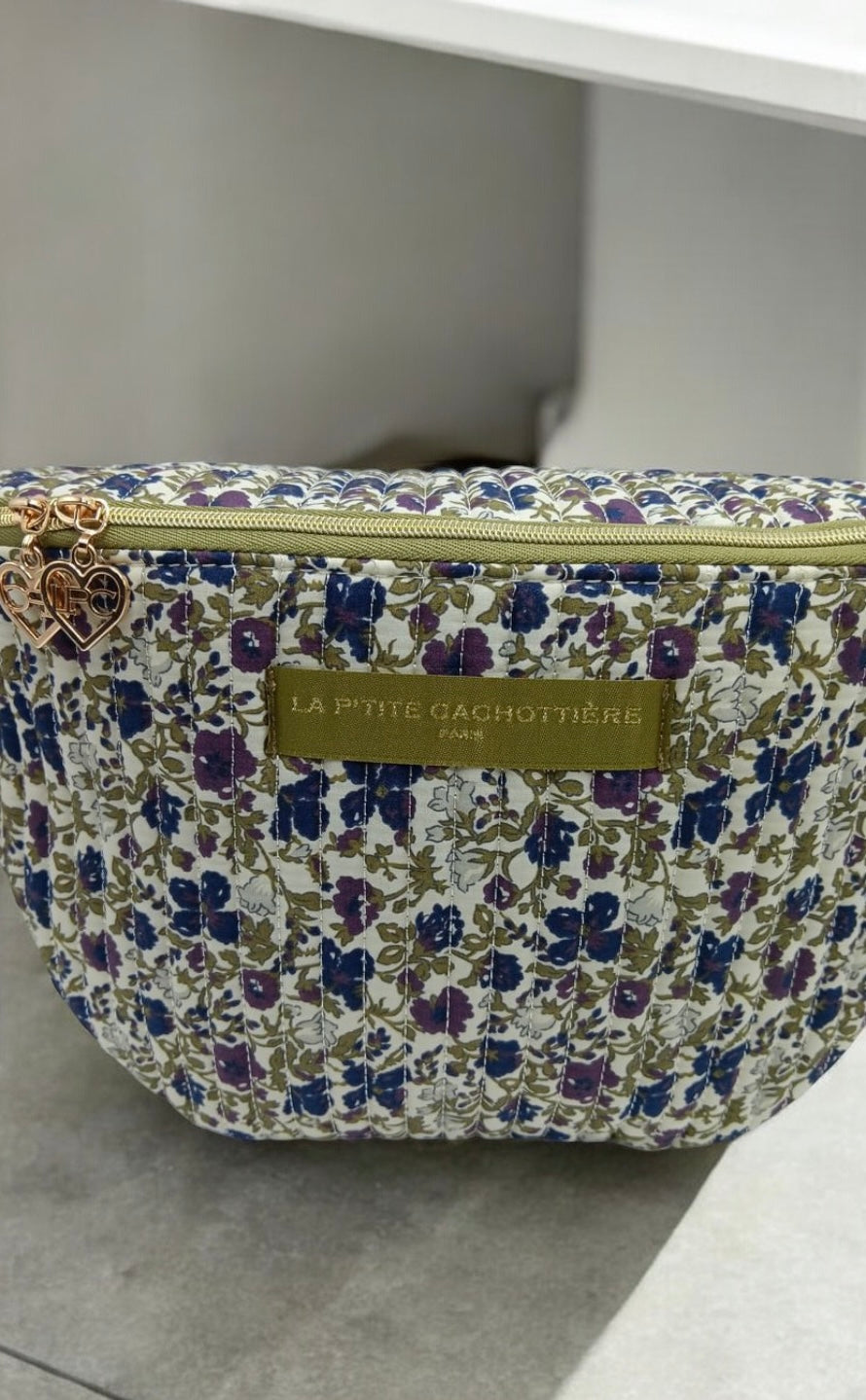 Sac banane en coton liberty fleuri multicolore tons violet/crème « La Ptite cachottière »