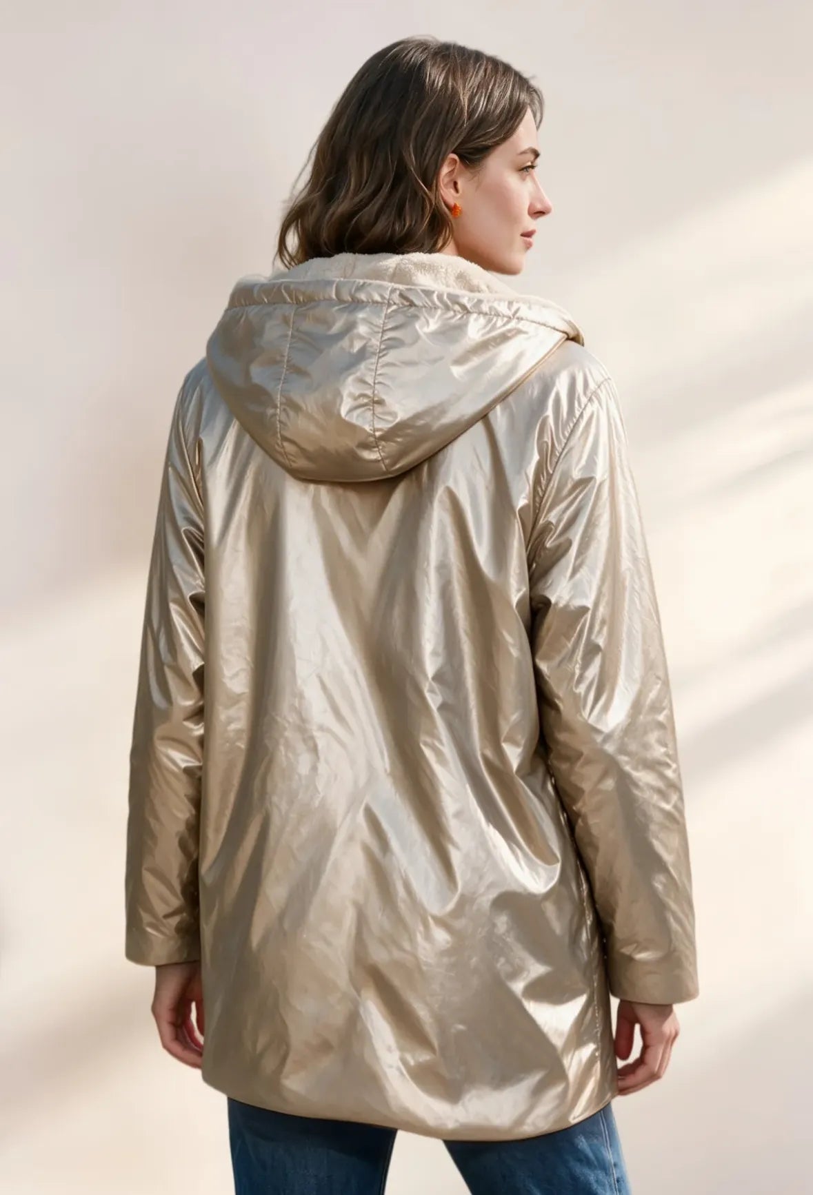 Manteau long réversible beige et doré femme