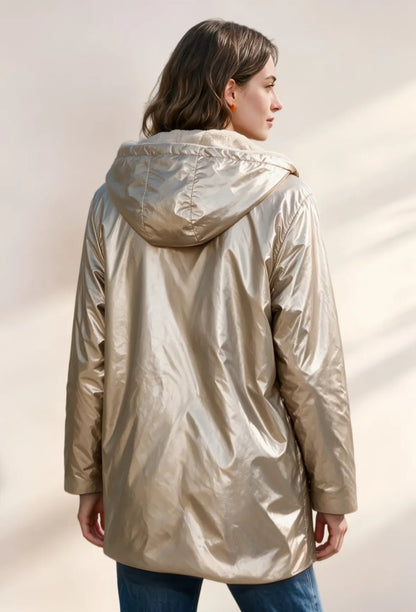Manteau long réversible beige et doré femme