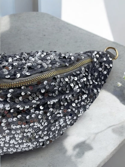 Sac banane tissu velours gris sequins argentés