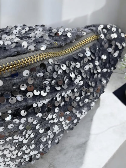 Sac banane tissu velours gris sequins argentés