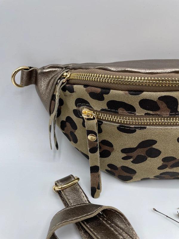 Sac banane croûte de cuir léopard beige et cuir bronze