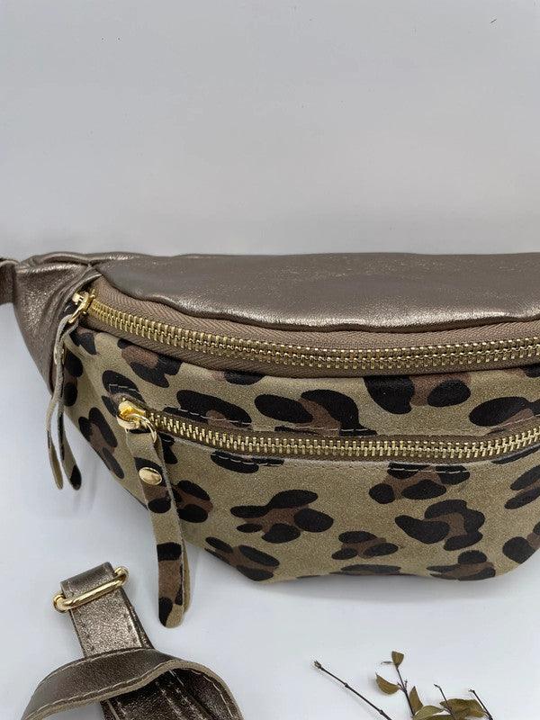 Sac banane croûte de cuir léopard beige et cuir bronze