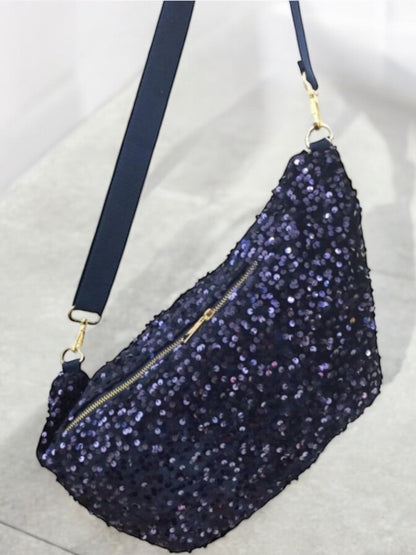 Sac banane XXL tissu velours bleu marine à sequins bleu marine deux poches